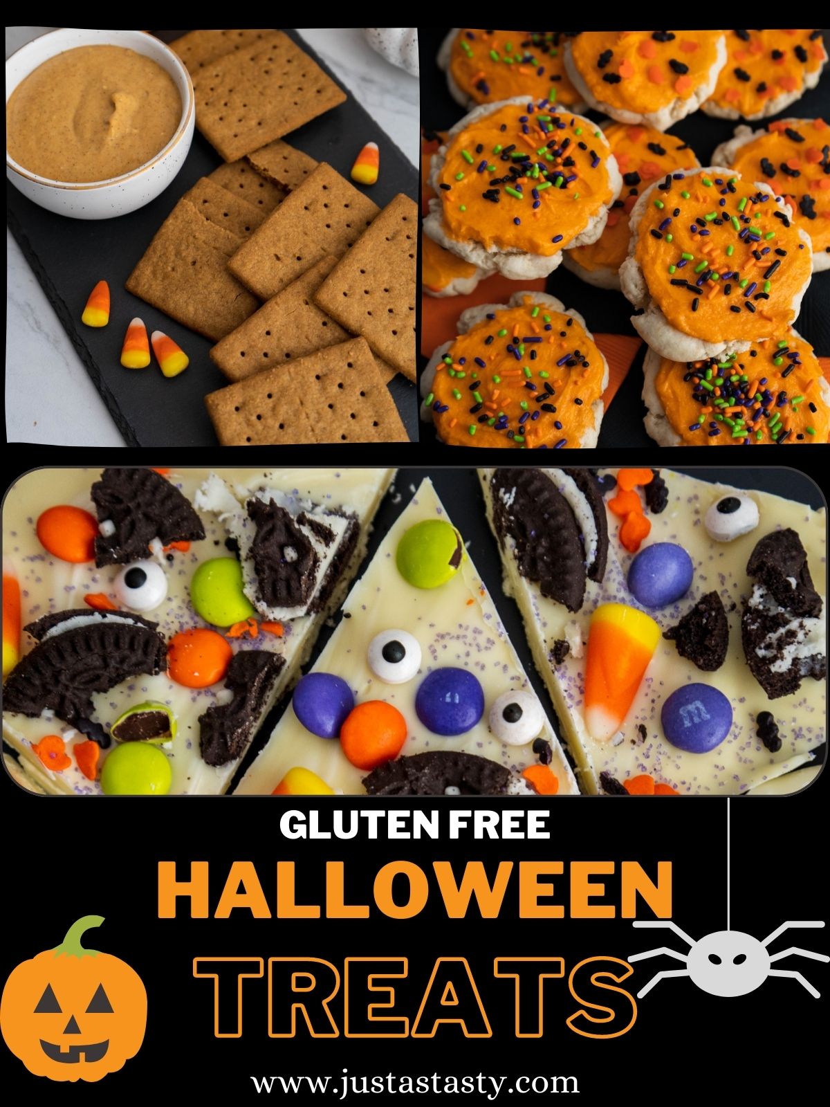 Collage of images featuring pumpkin dip, orange frosted cookies, and Halloween chocolate bark.