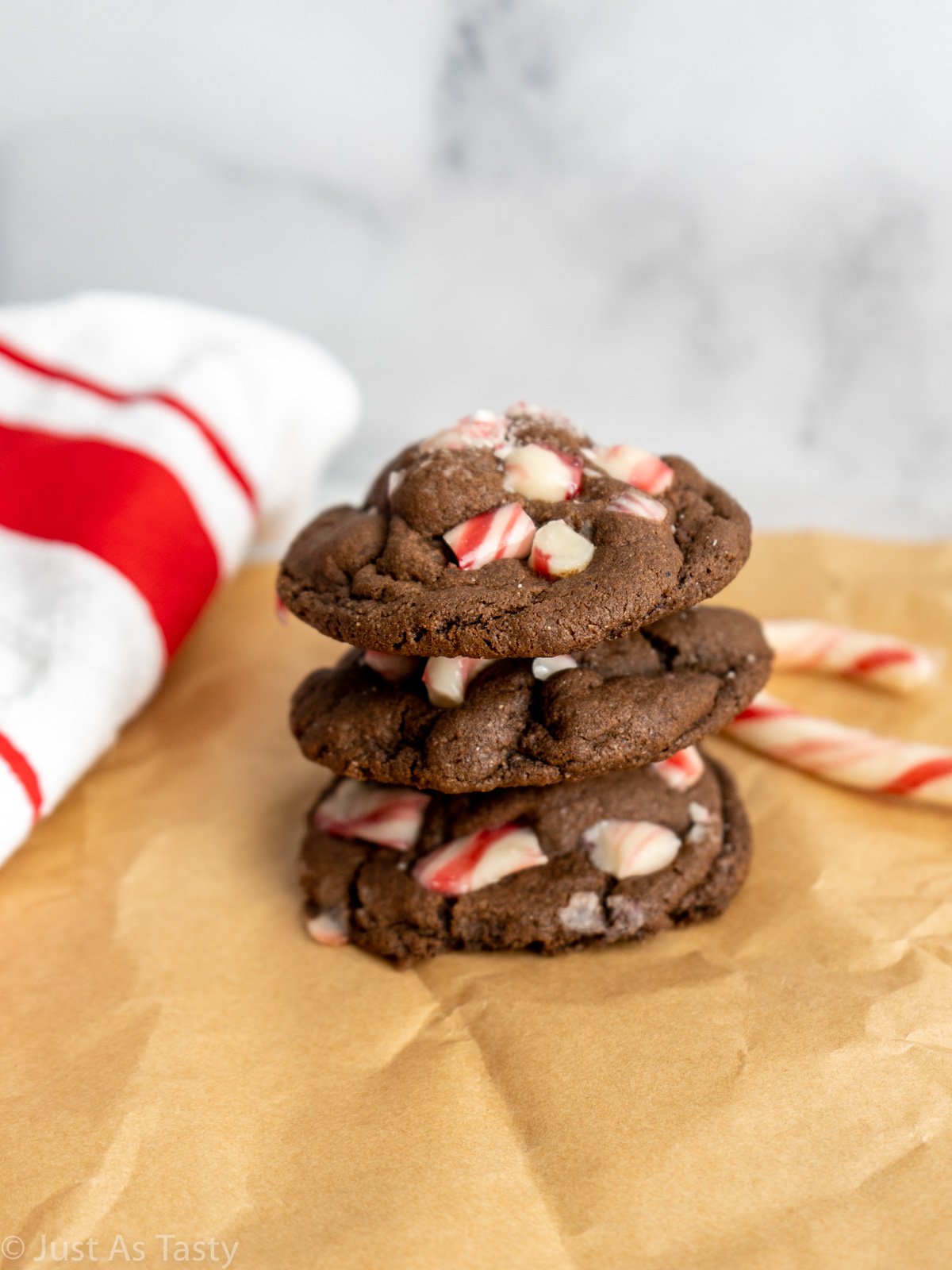 Stack of three peppermint mocha cookies.
