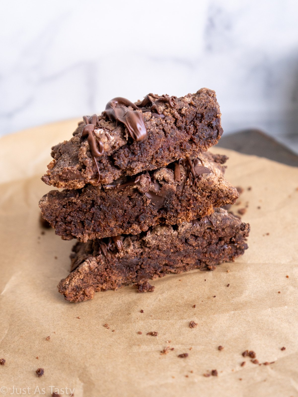 Stack of three chocolate scones. 