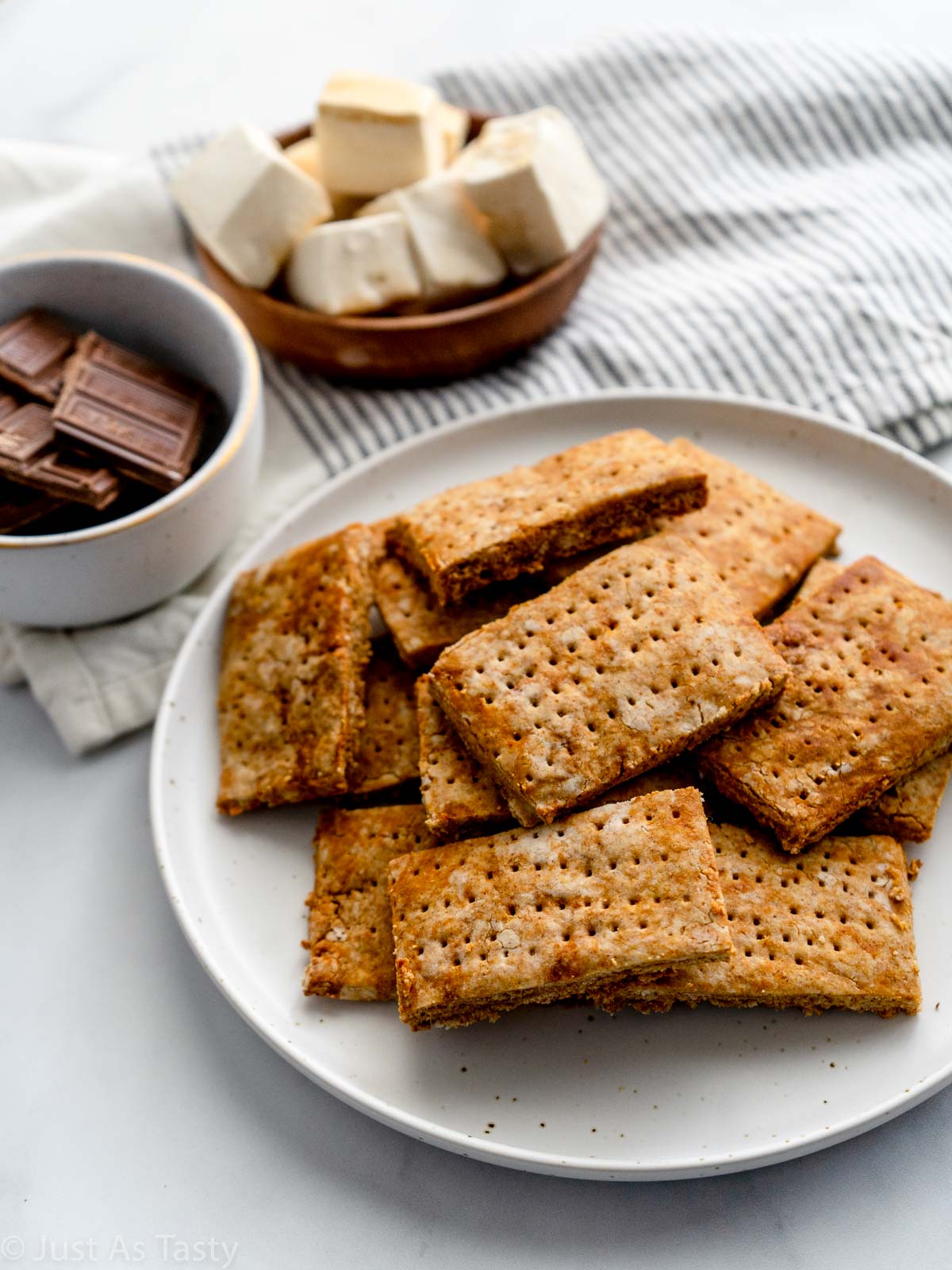 Graham crackers on a white plate.
