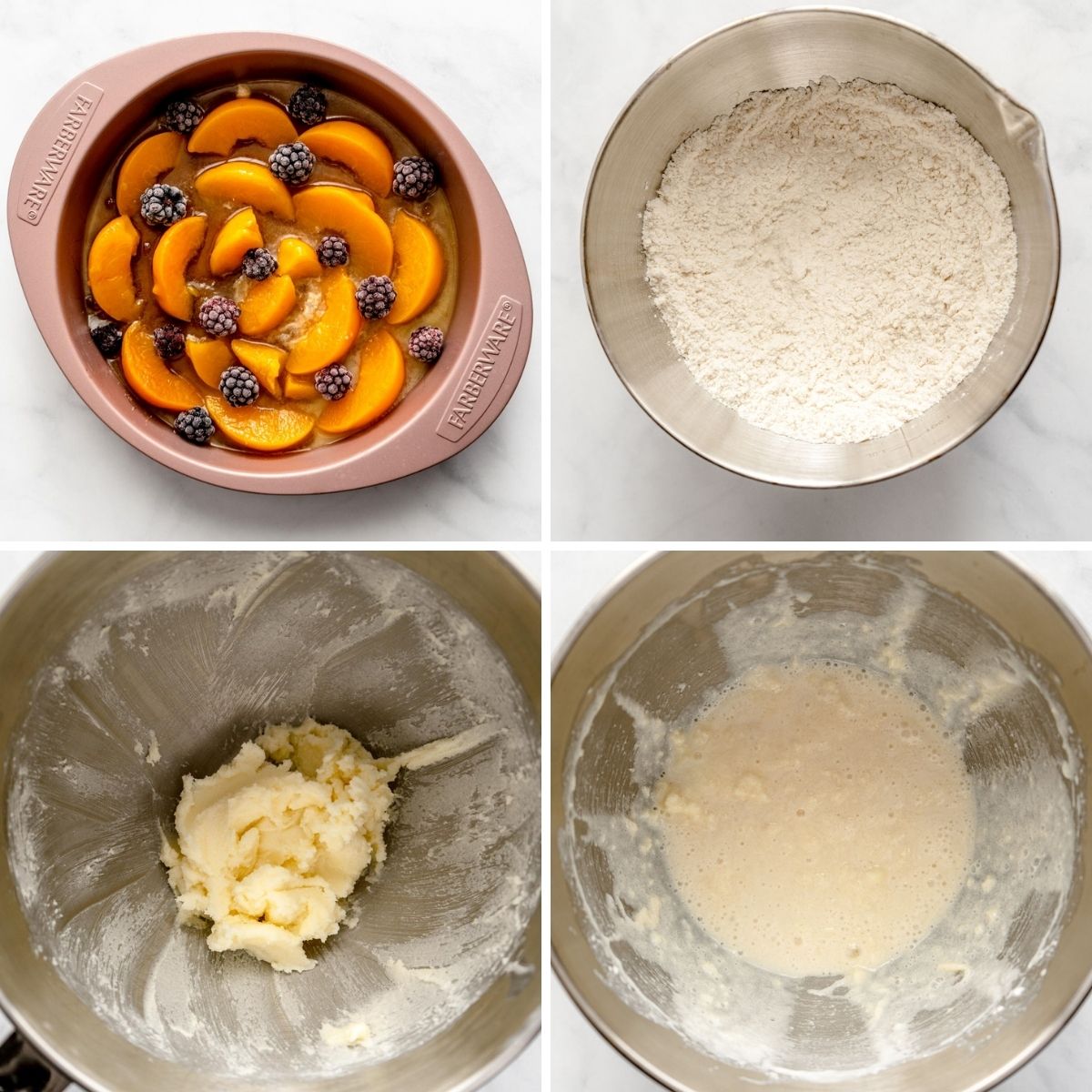 Steps for making peach cake. 