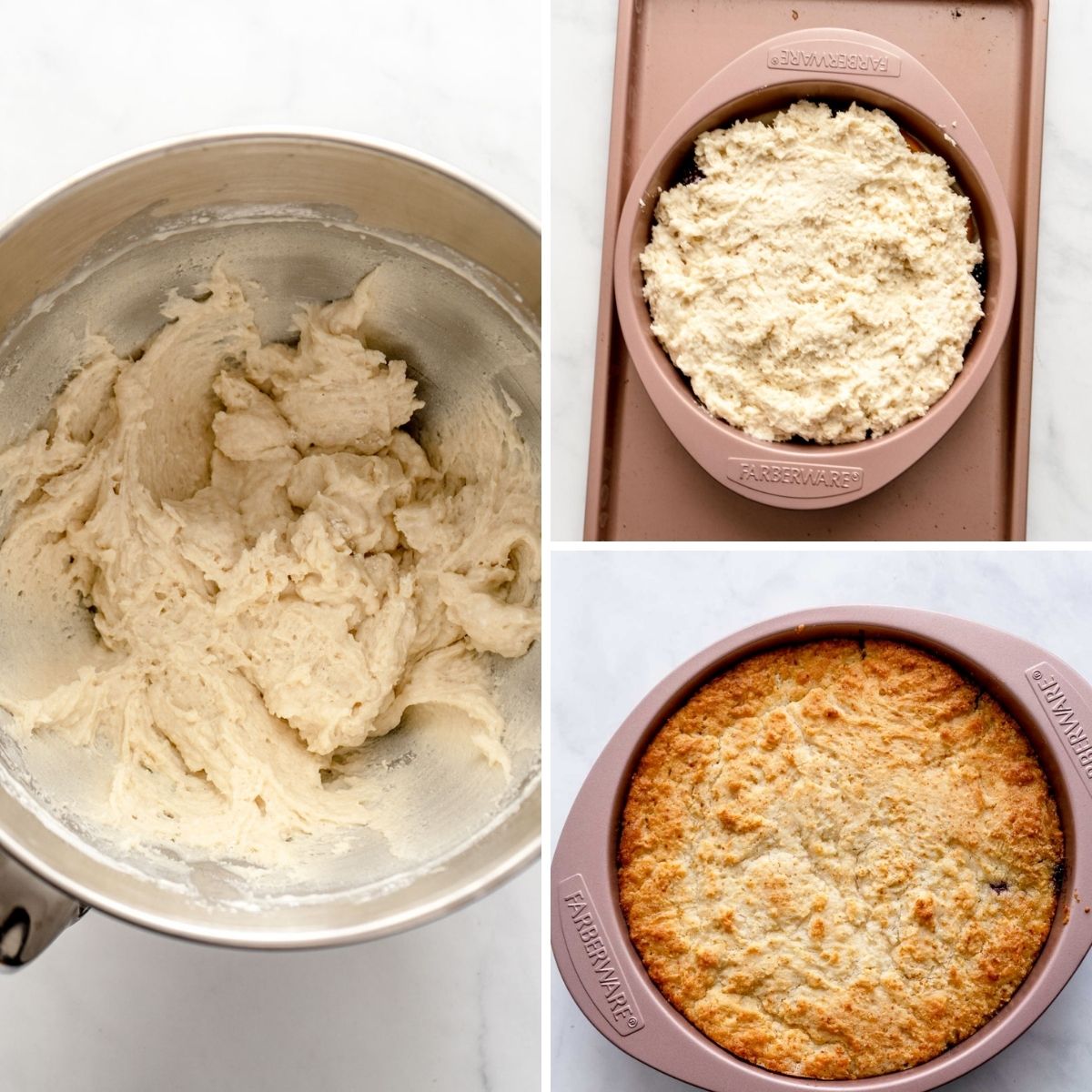 Steps for making peach cake.