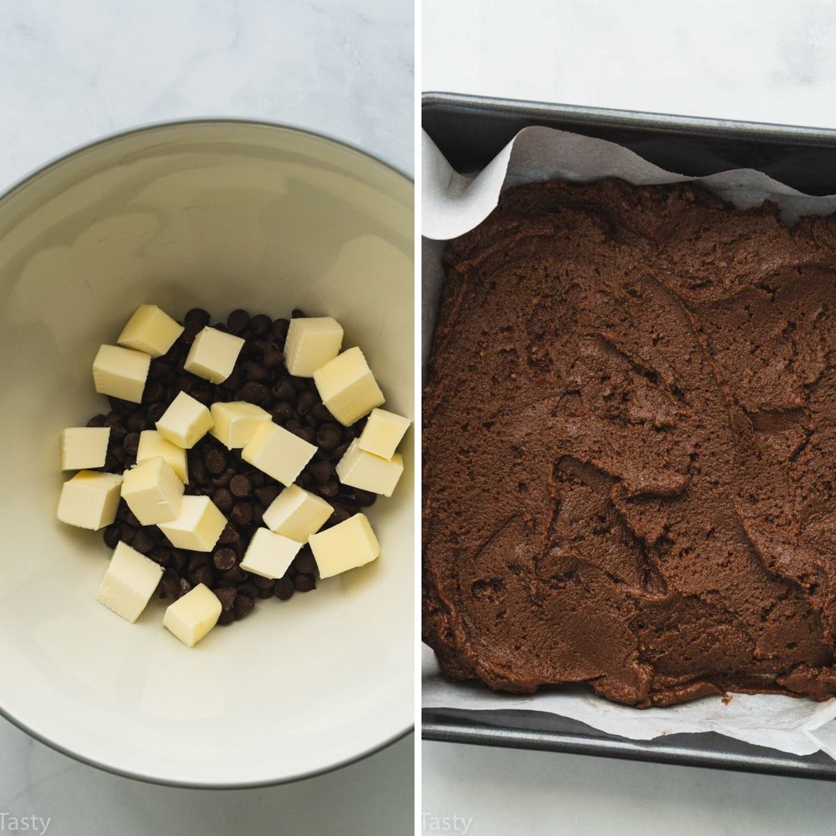 Butter with chocolate chips in a bowl and brownie batter in a pan. 