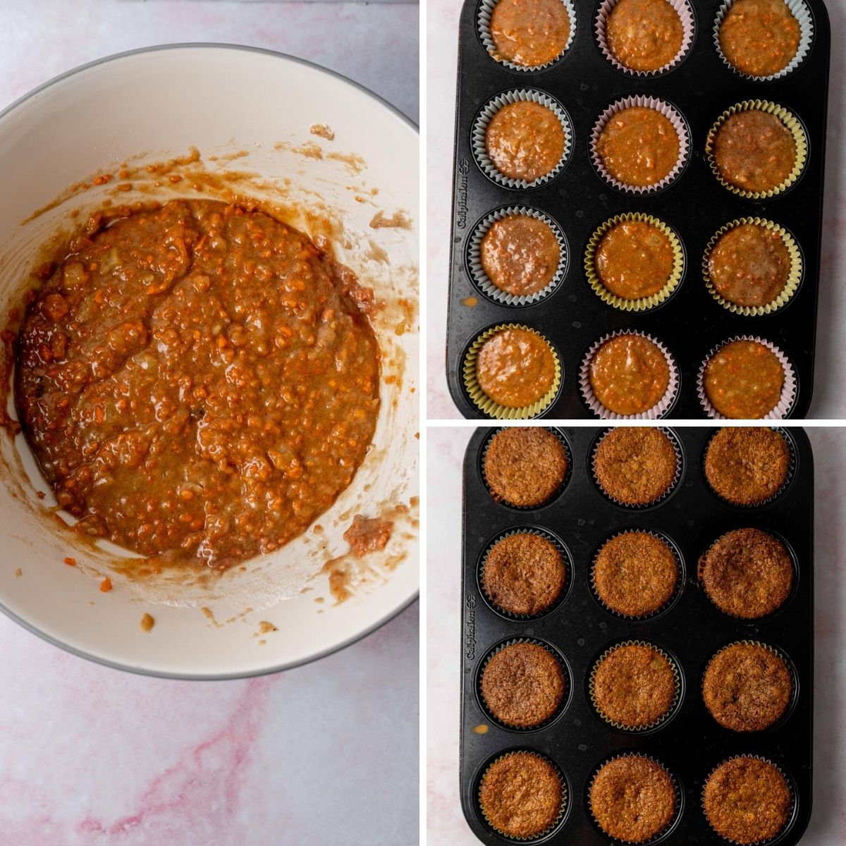 Step by step photos of carrot cake cupcakes being made. 