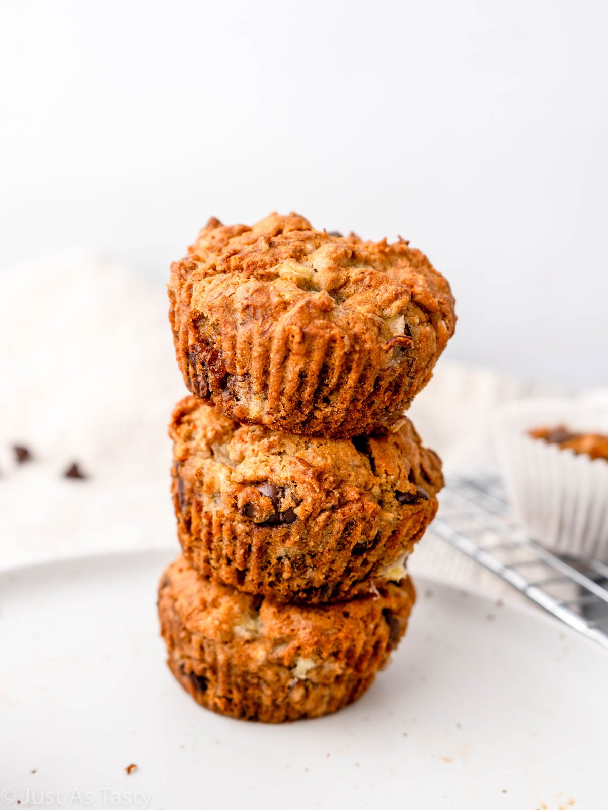 Stack of chocolate chip banana muffins. 