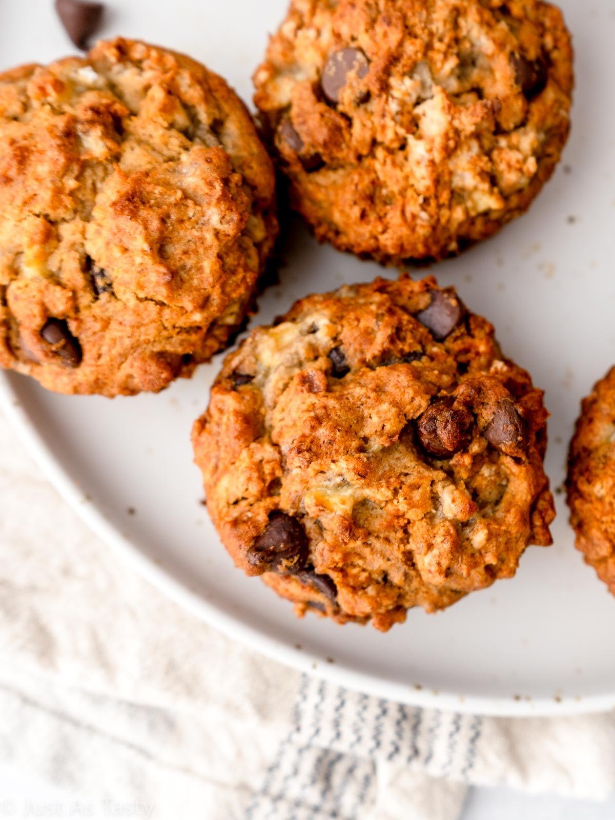 Close-up of a chocolate chip banana muffin.