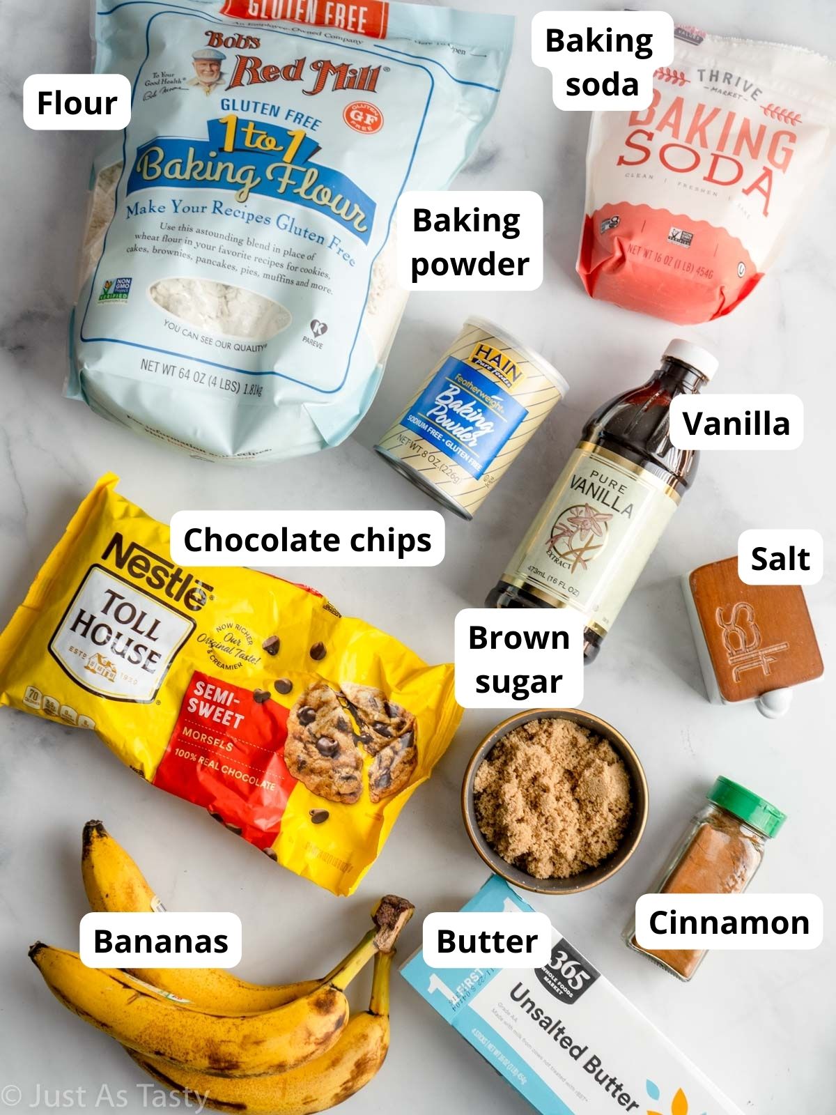 Chocolate chip banana muffin ingredients. 