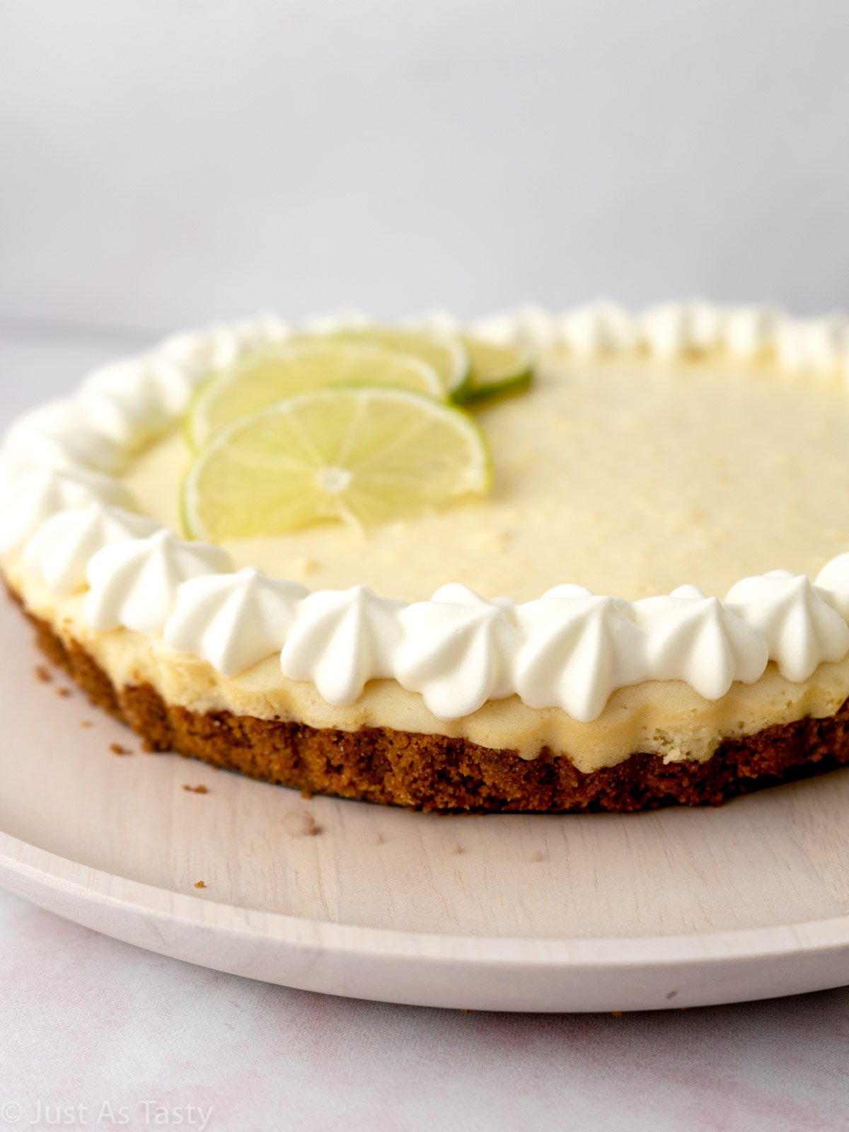 Close-up of gluten free key lime pie on a plate.