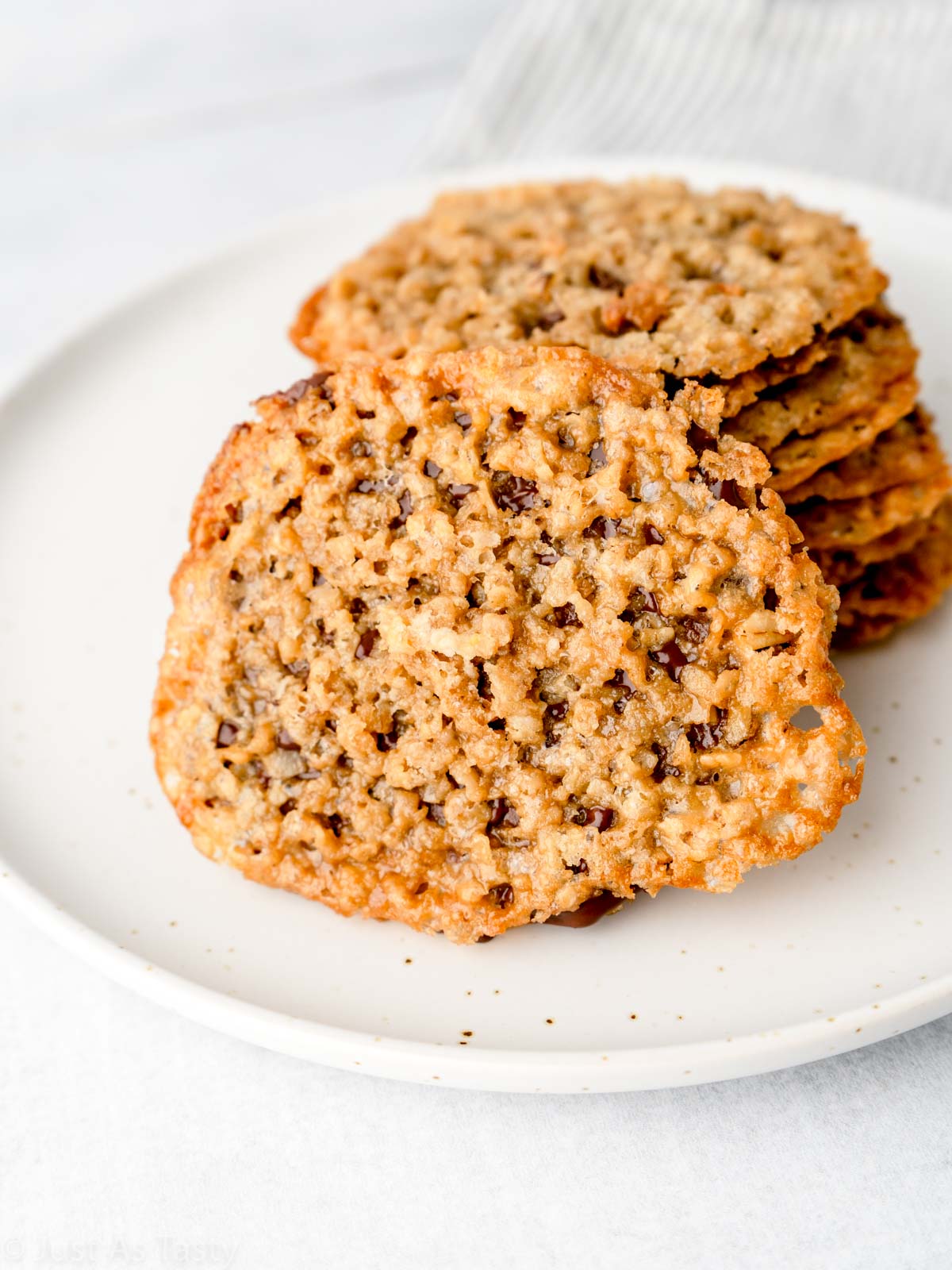 Close-up of oatmeal lace cookies.