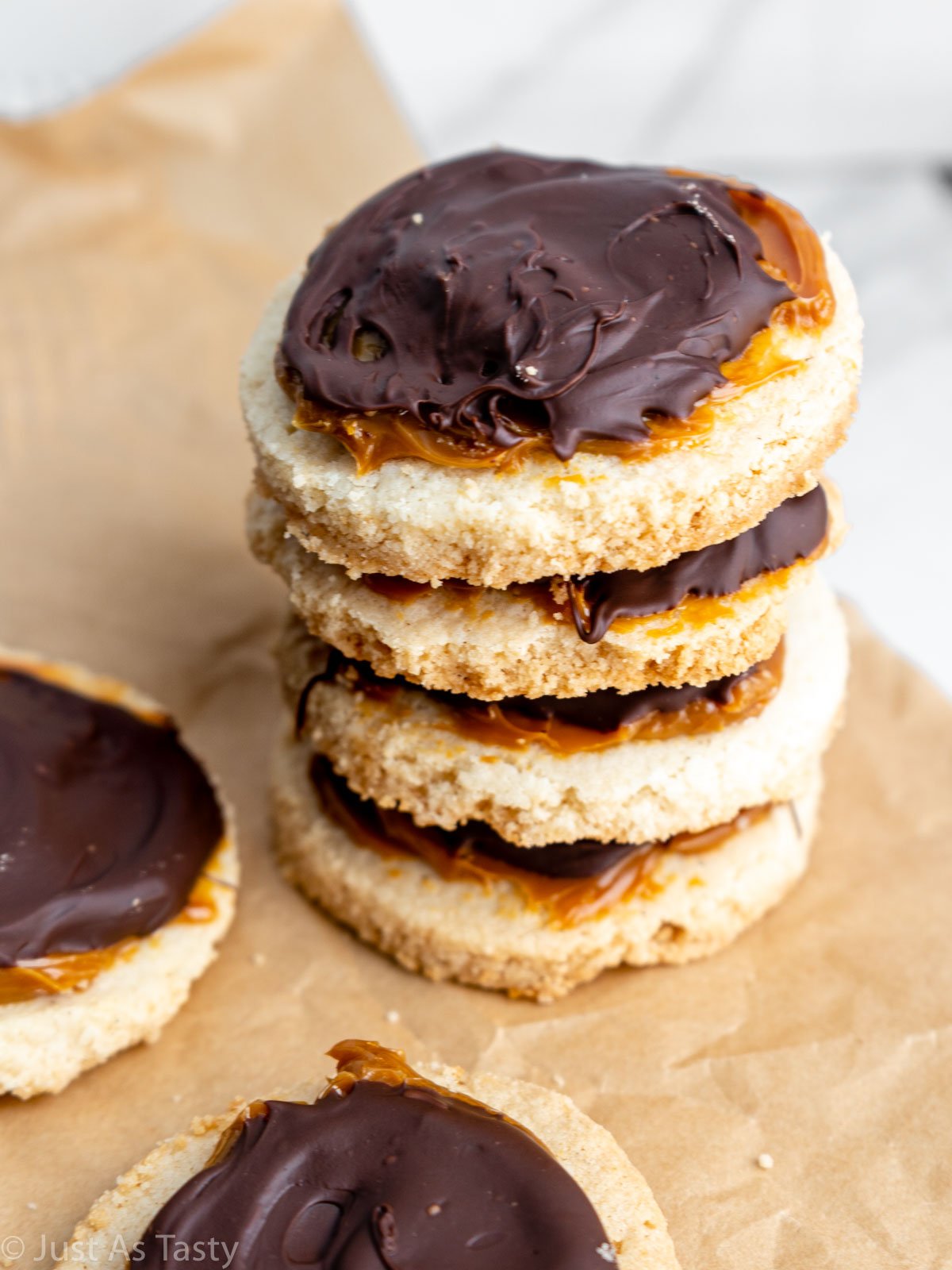 Stack of Twix shortbread cookies.