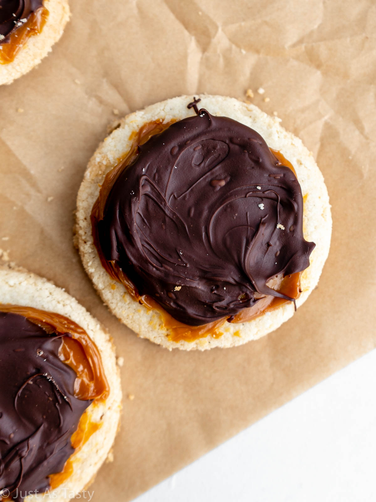 Close-up of a Twix shortbread cookie.