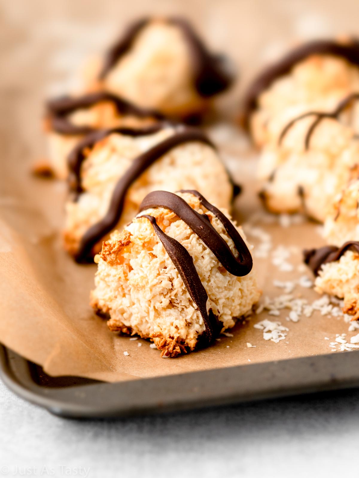 Close-up of a chocolate coconut macaroon. 