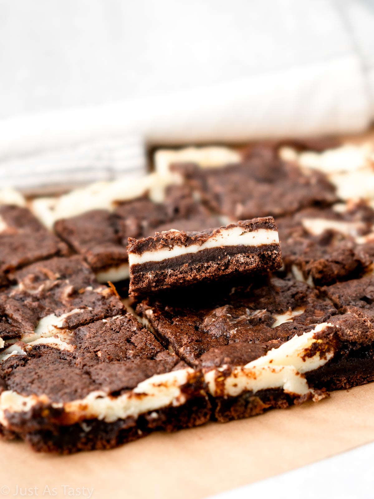 Close up of a cream cheese brownie.