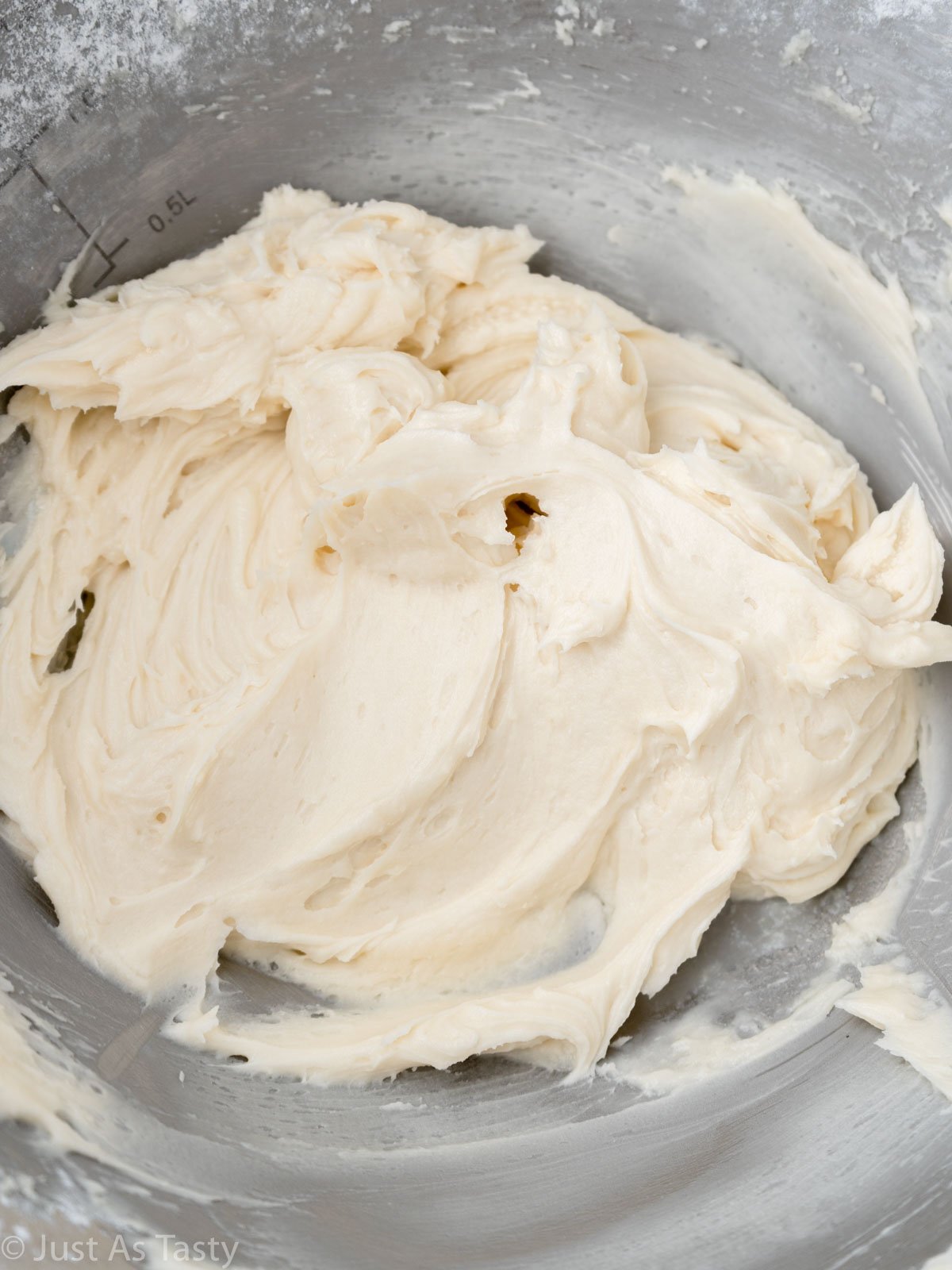 Buttercream frosting in a bowl.