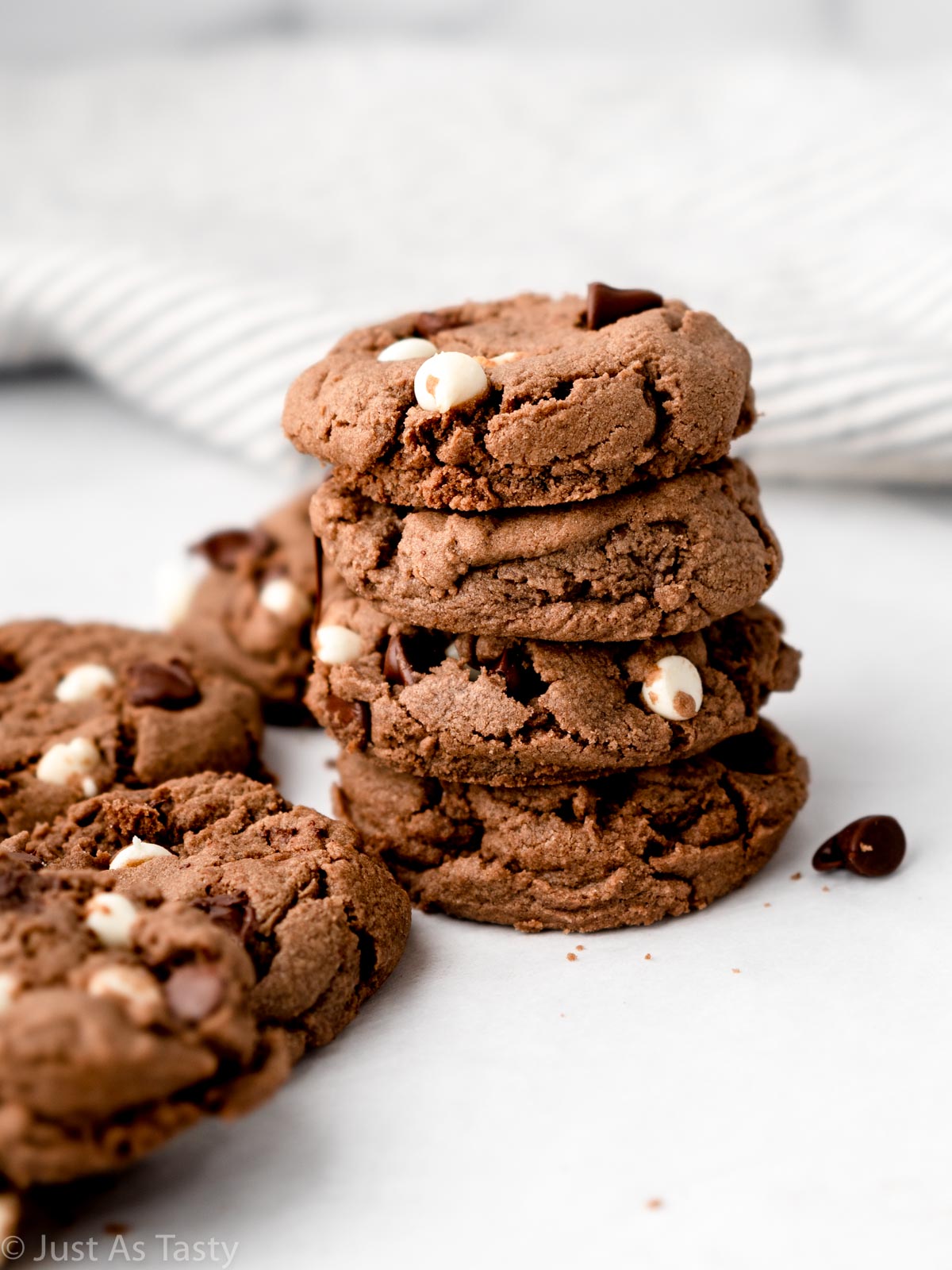 Stack of triple chocolate chip cookies.