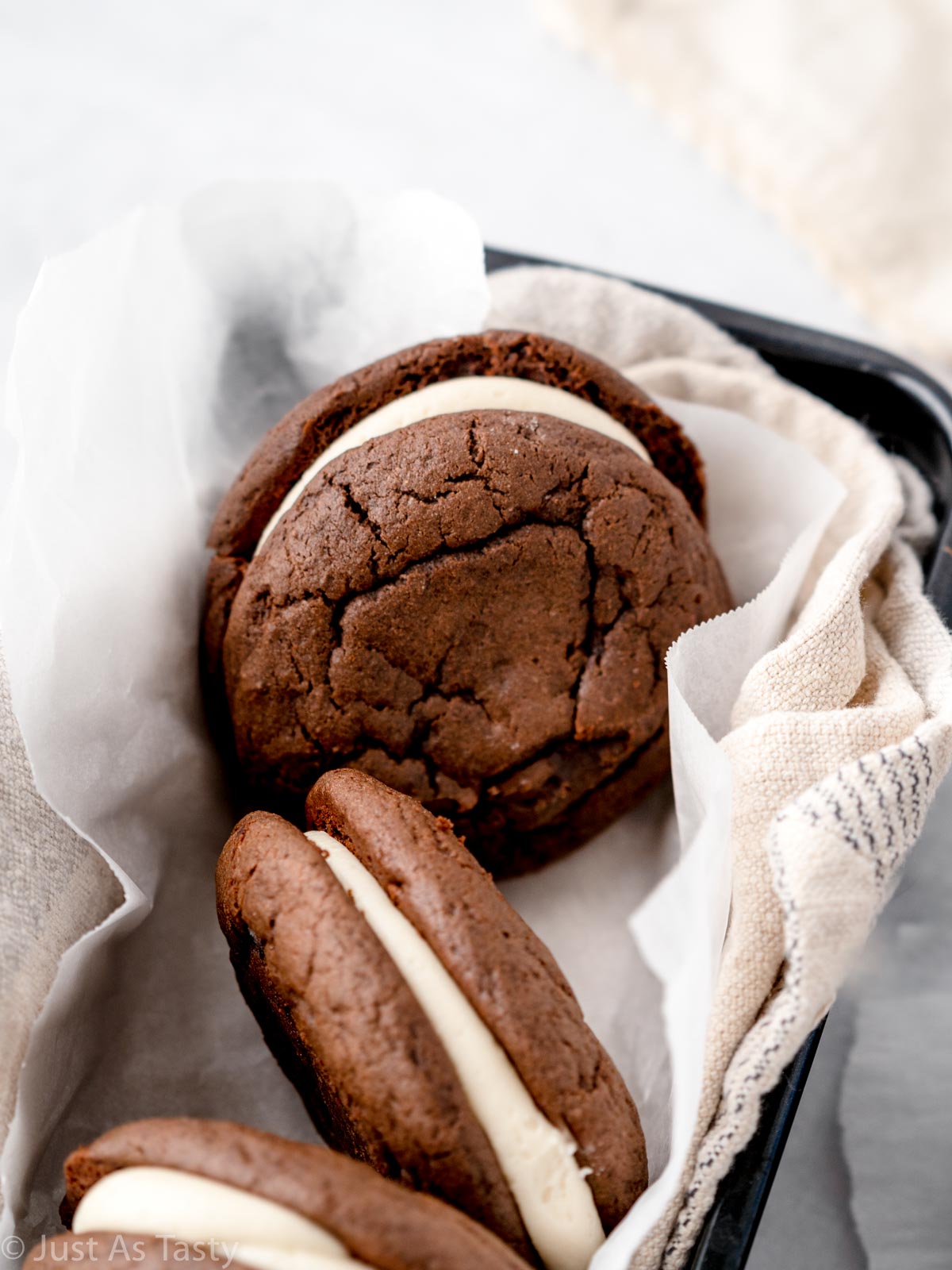 Close-up of a chocolate whoopie pie.