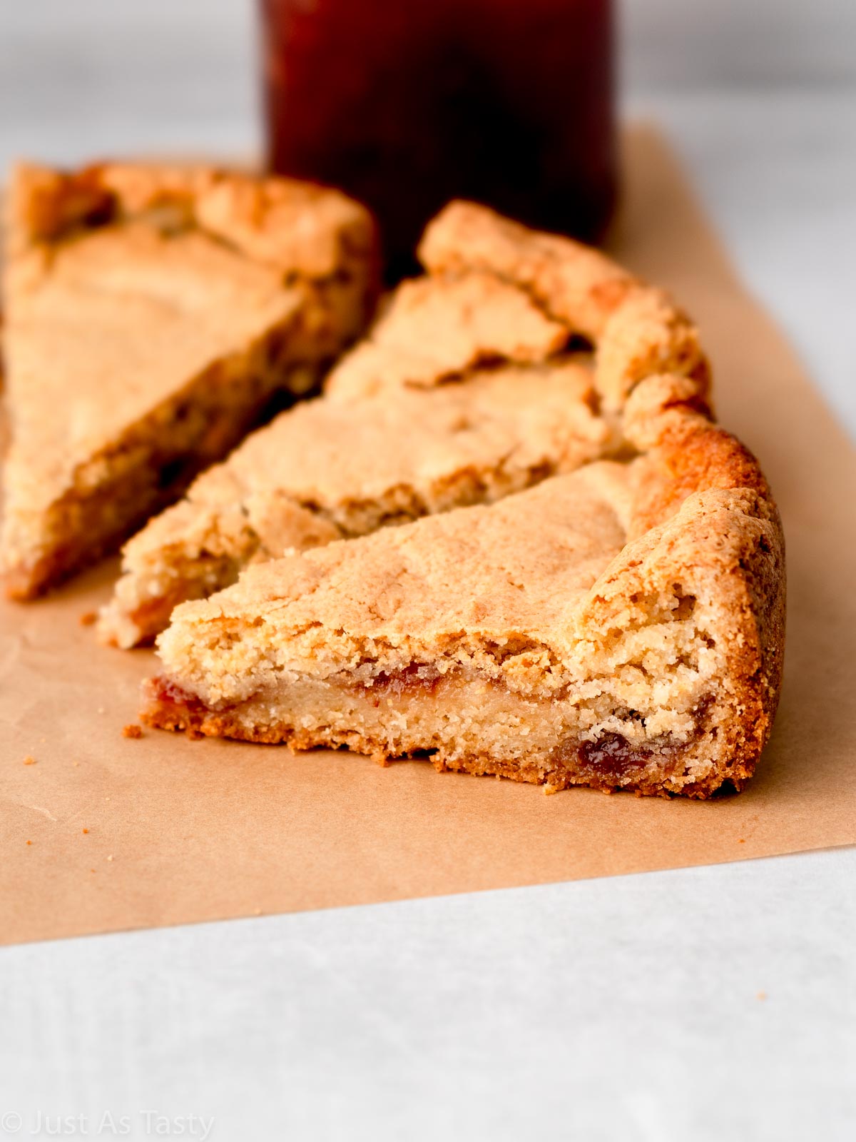 Slice of strawberry jam cake.