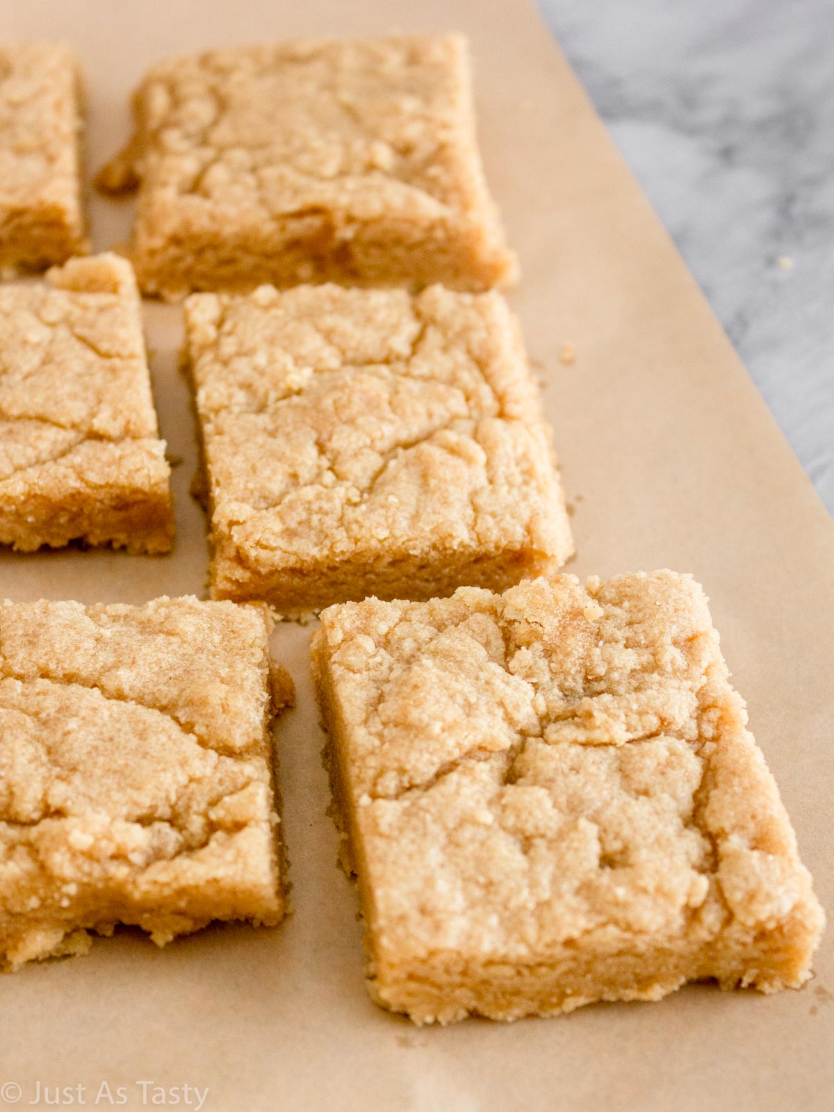 Gluten free blondies on parchment paper. 