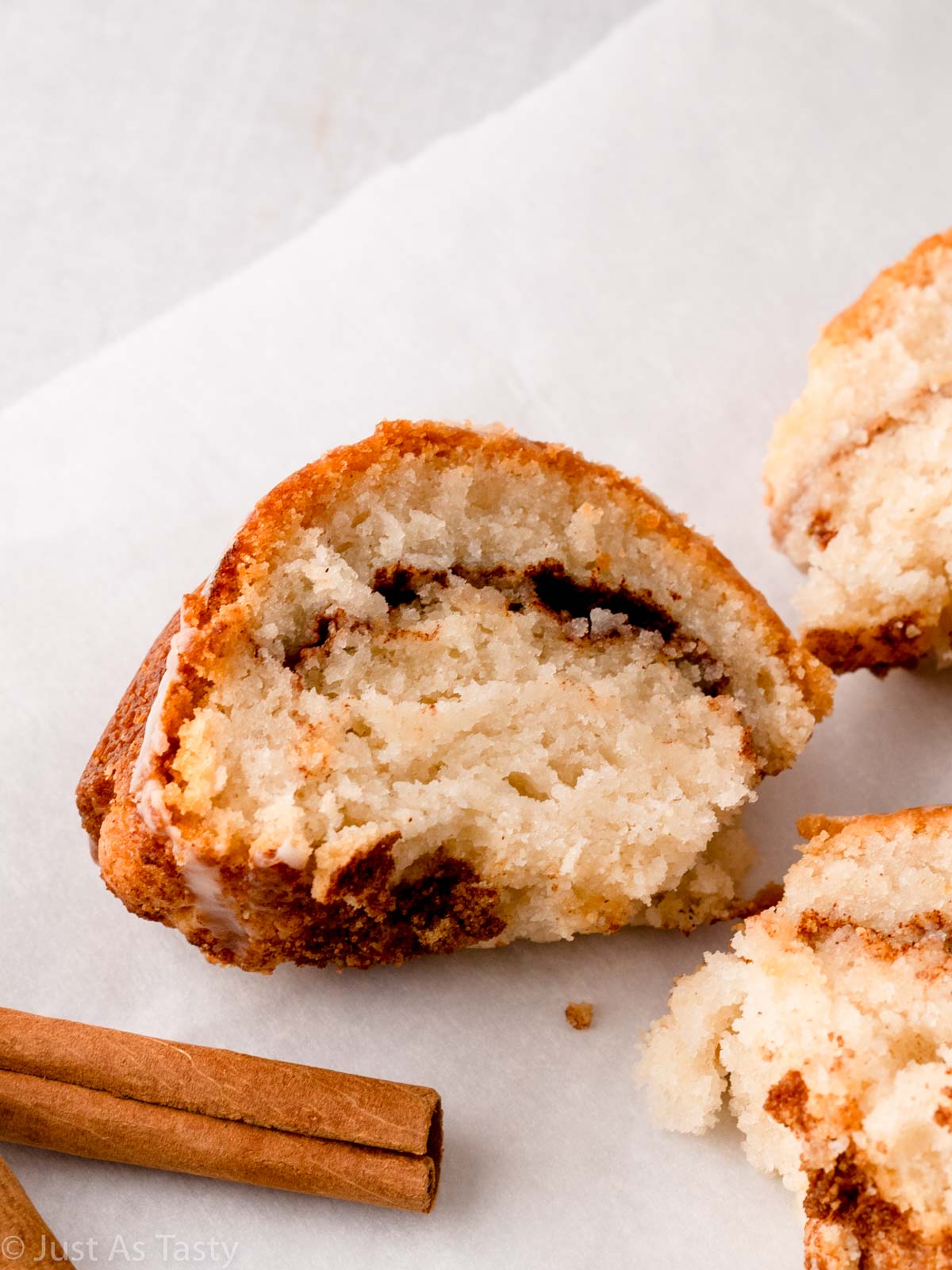 Slice of cinnamon roll bundt cake.