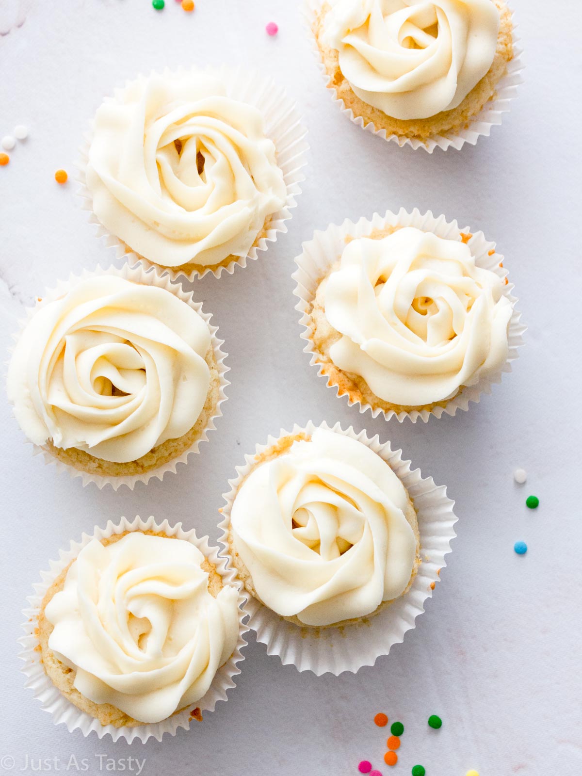 Frosted vanilla cupcakes. 