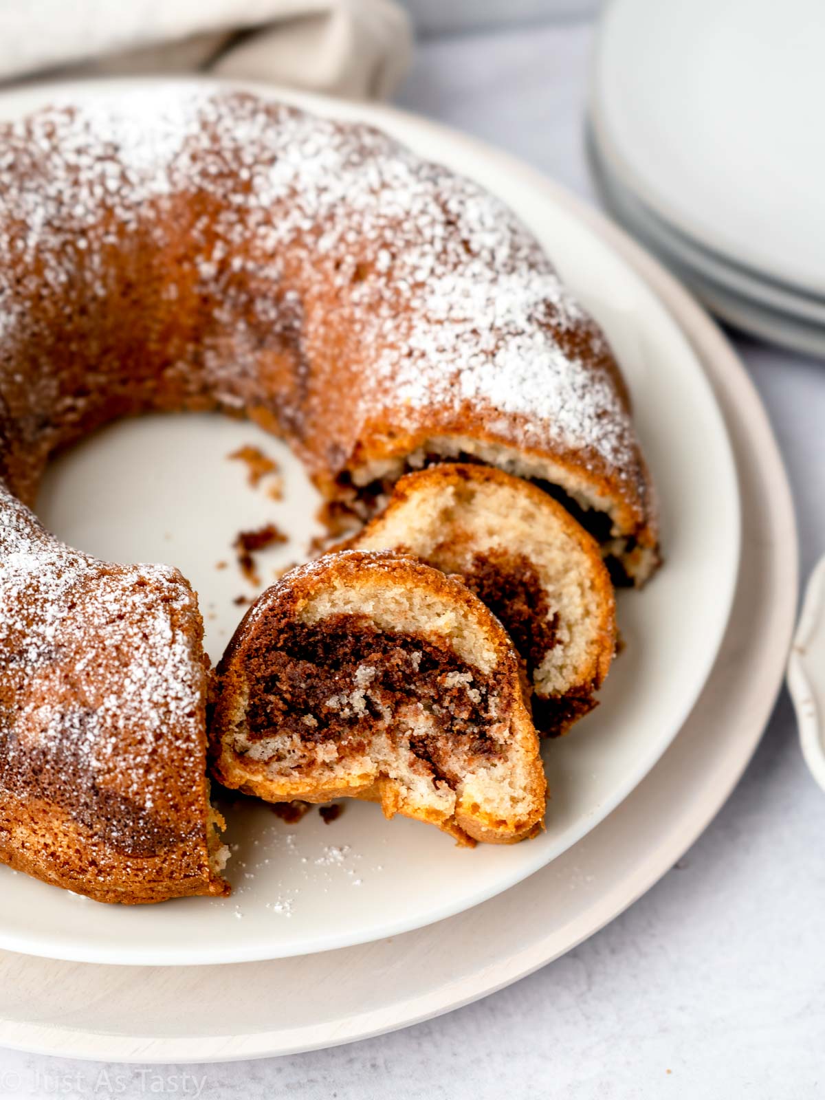 Sliced marble bundt cake.
