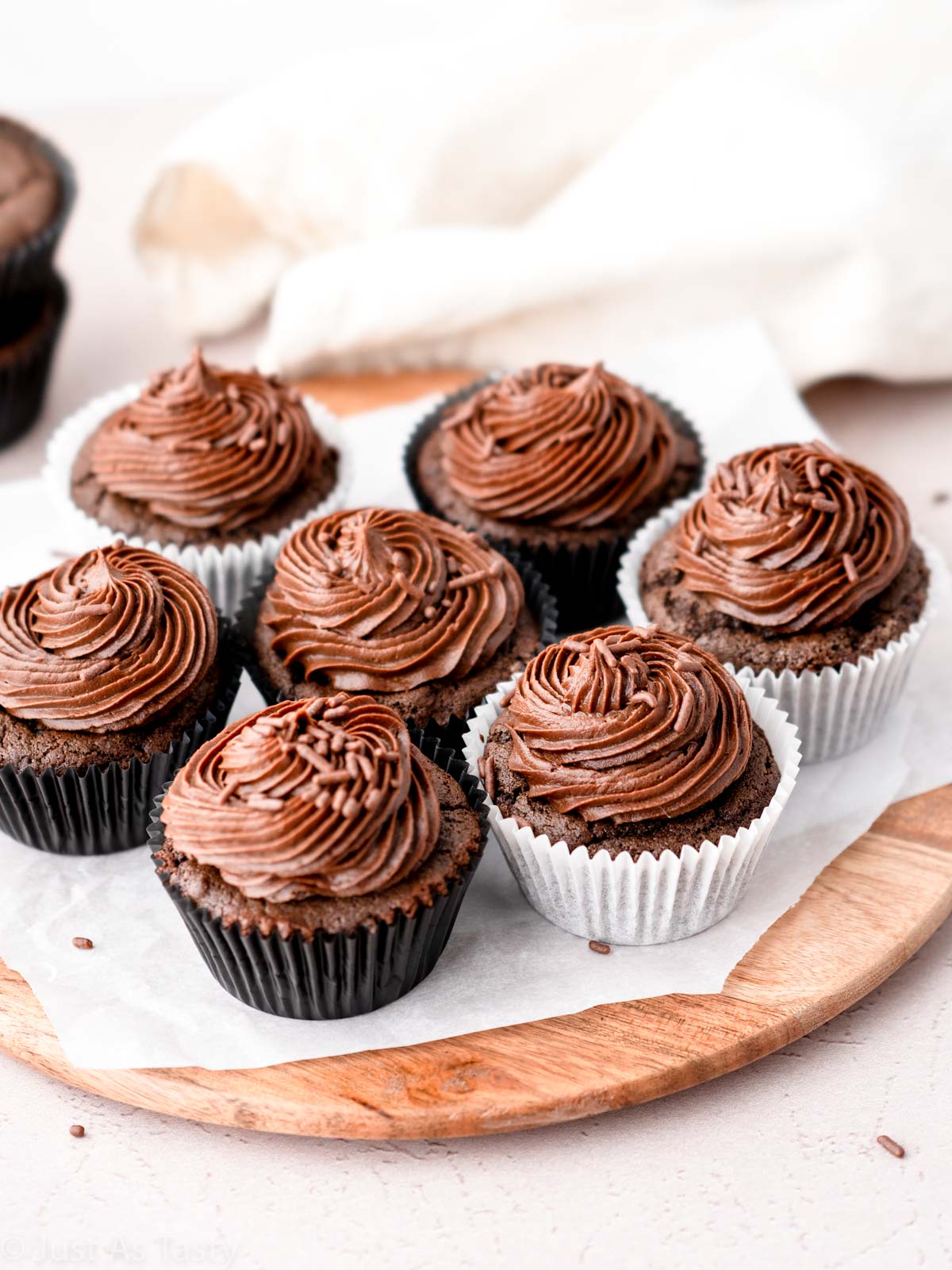 Frosted gluten free chocolate cupcakes.
