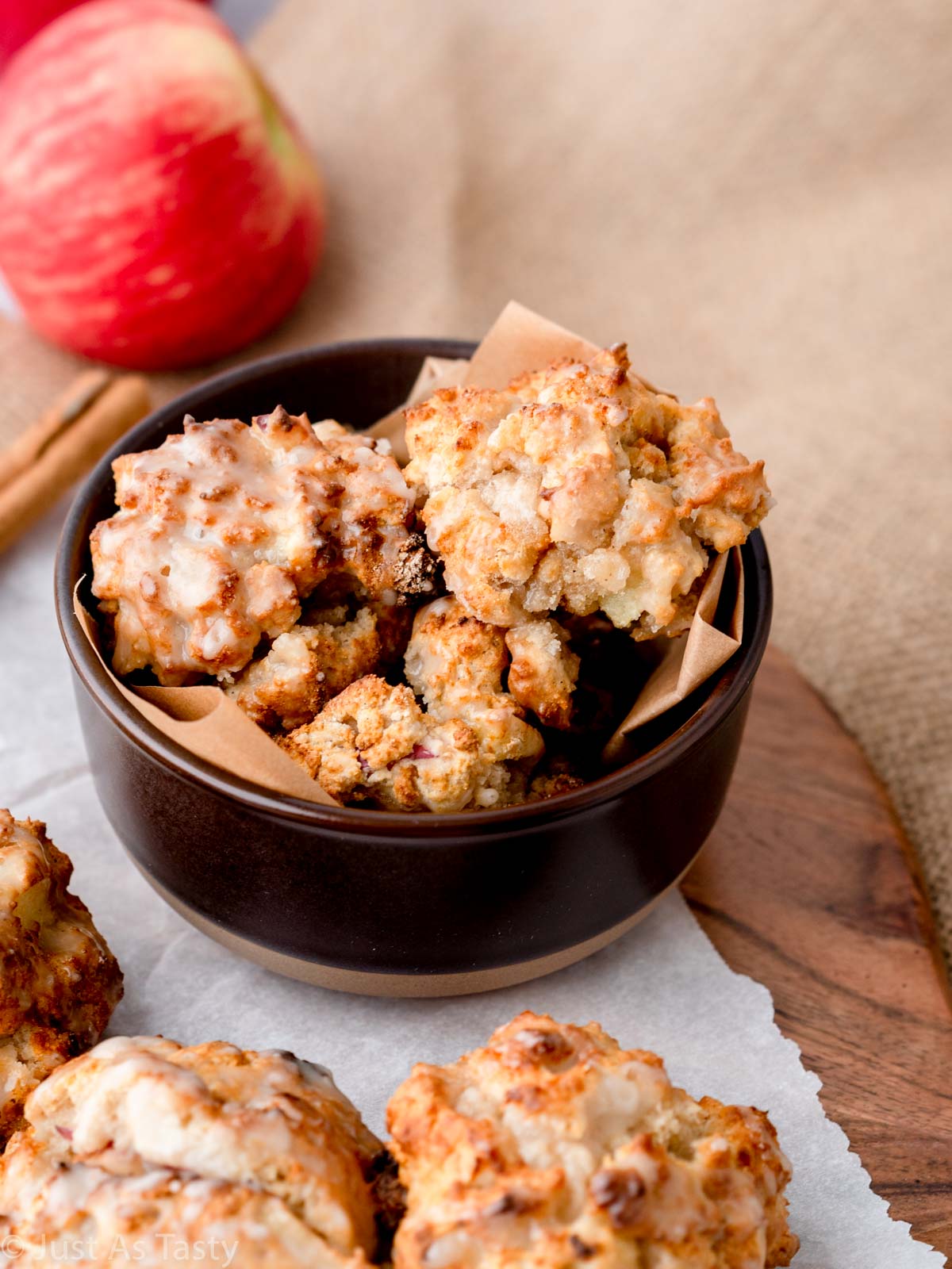 Air fryer apple fritters in a bowl.