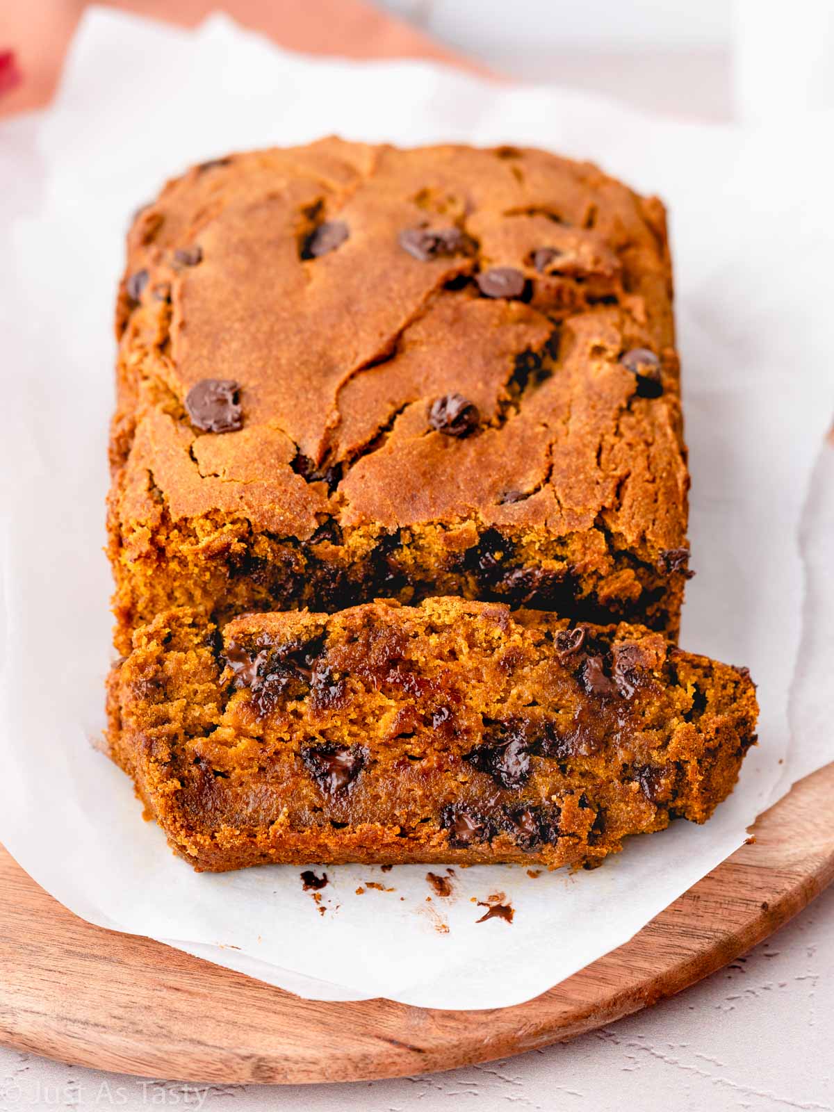 Sliced pumpkin bread with chocolate chips.