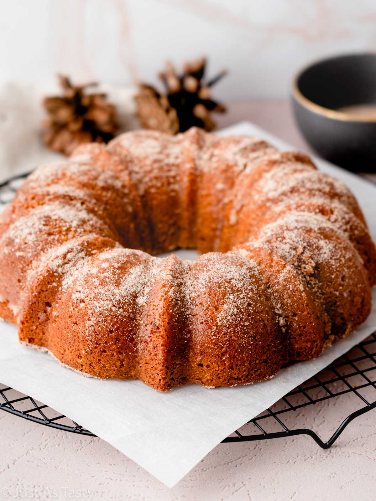Apple cider bundt cake coated in cinnamon sugar.