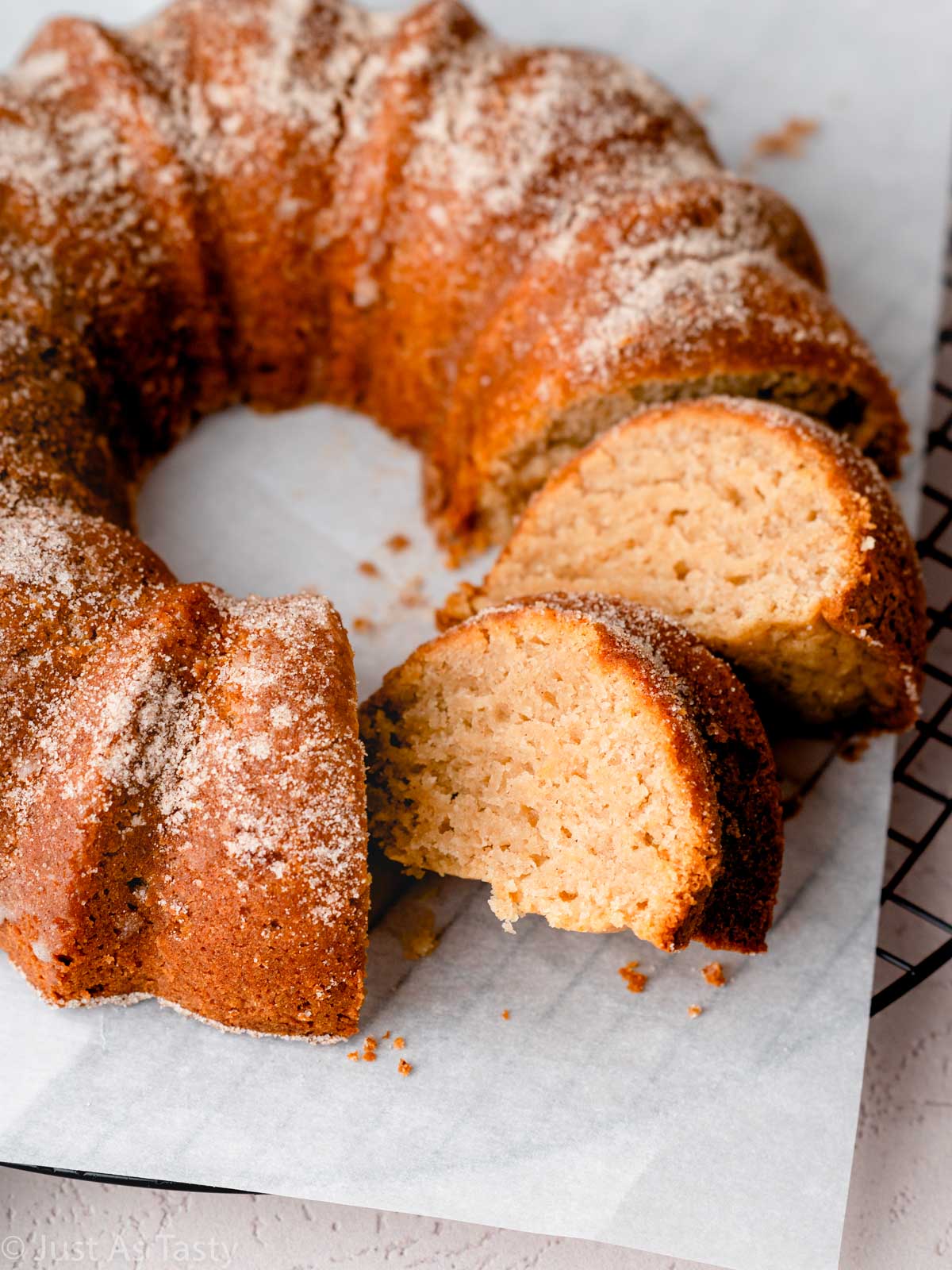 Sliced apple cider bundt cake.