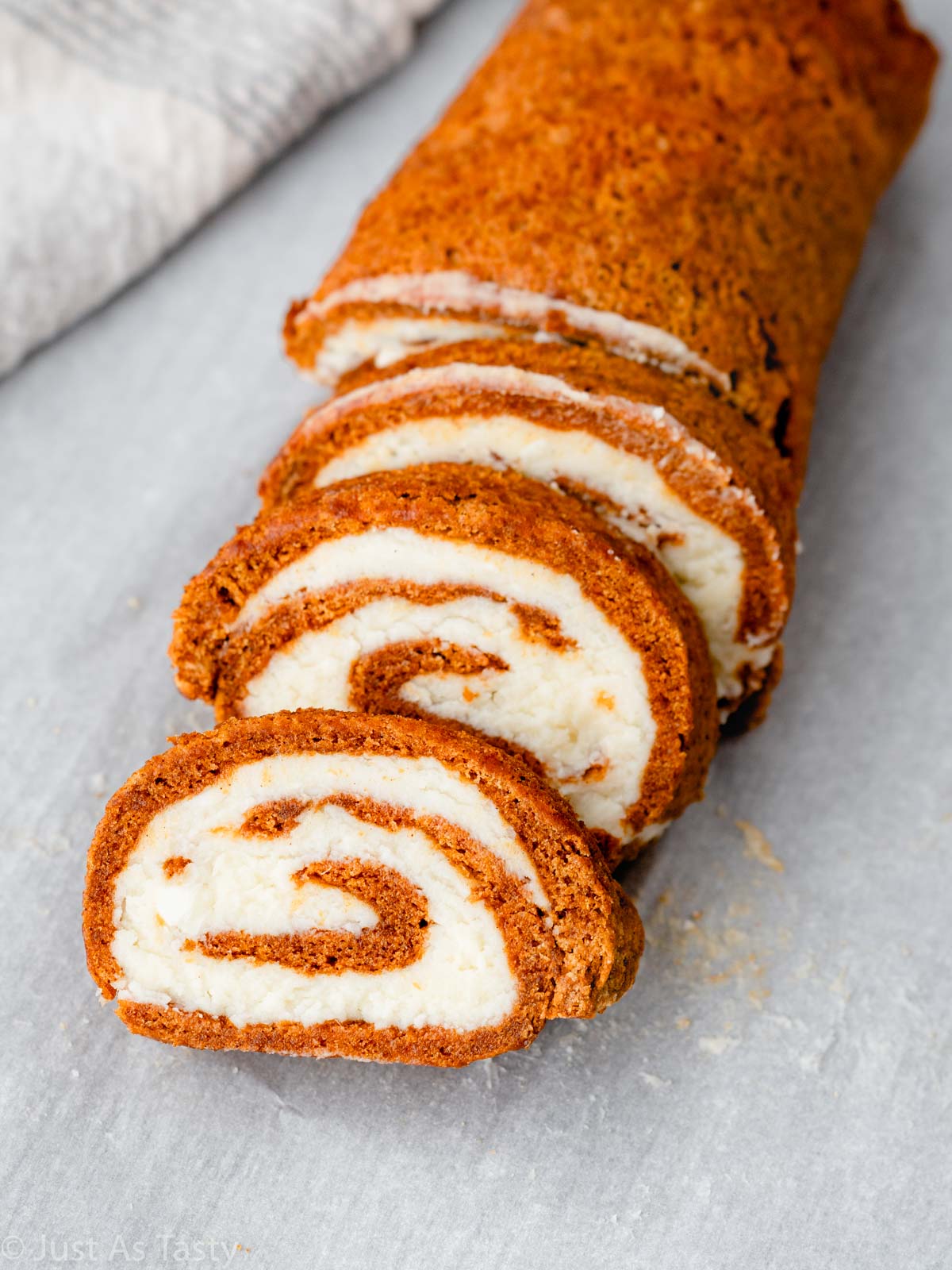 Sliced gluten free pumpkin roll.