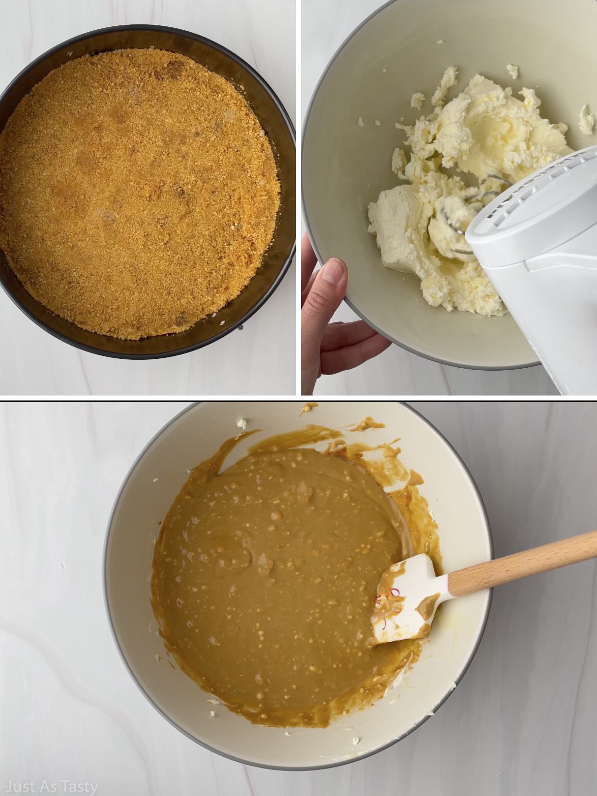 Process shots of gingerbread cheesecake being made. 