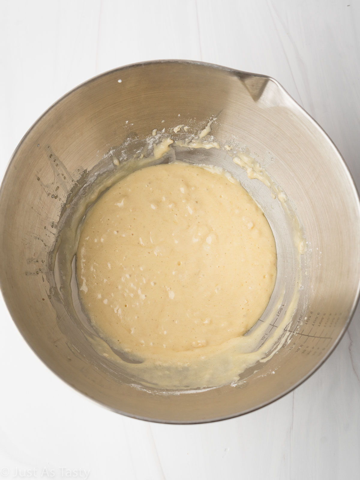 Olive oil cake batter in a bowl.