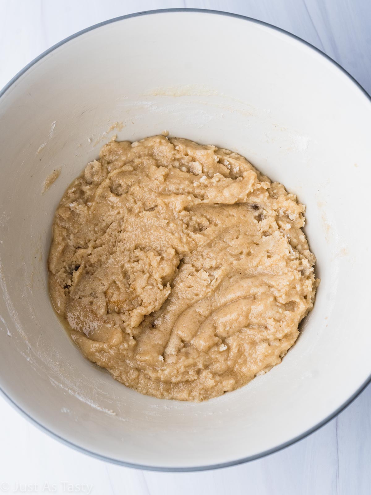 White chocolate brownie batter in a bowl.