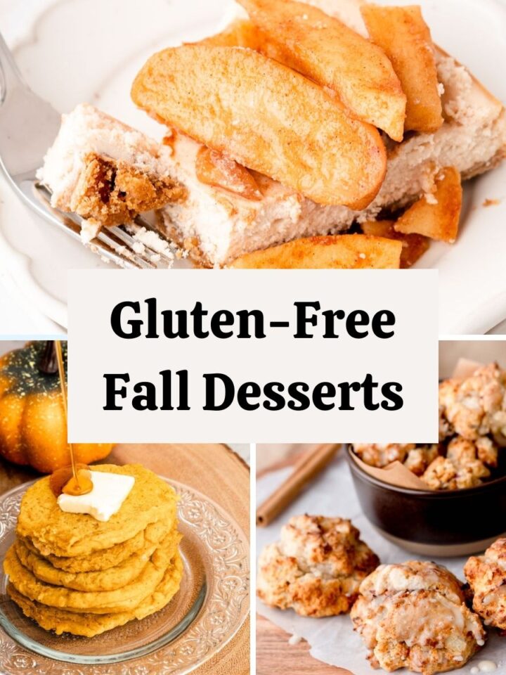 Three-image collage showcasing apple pie cheesecake, pumpkin pancakes, and apple fritters with a text overlay.