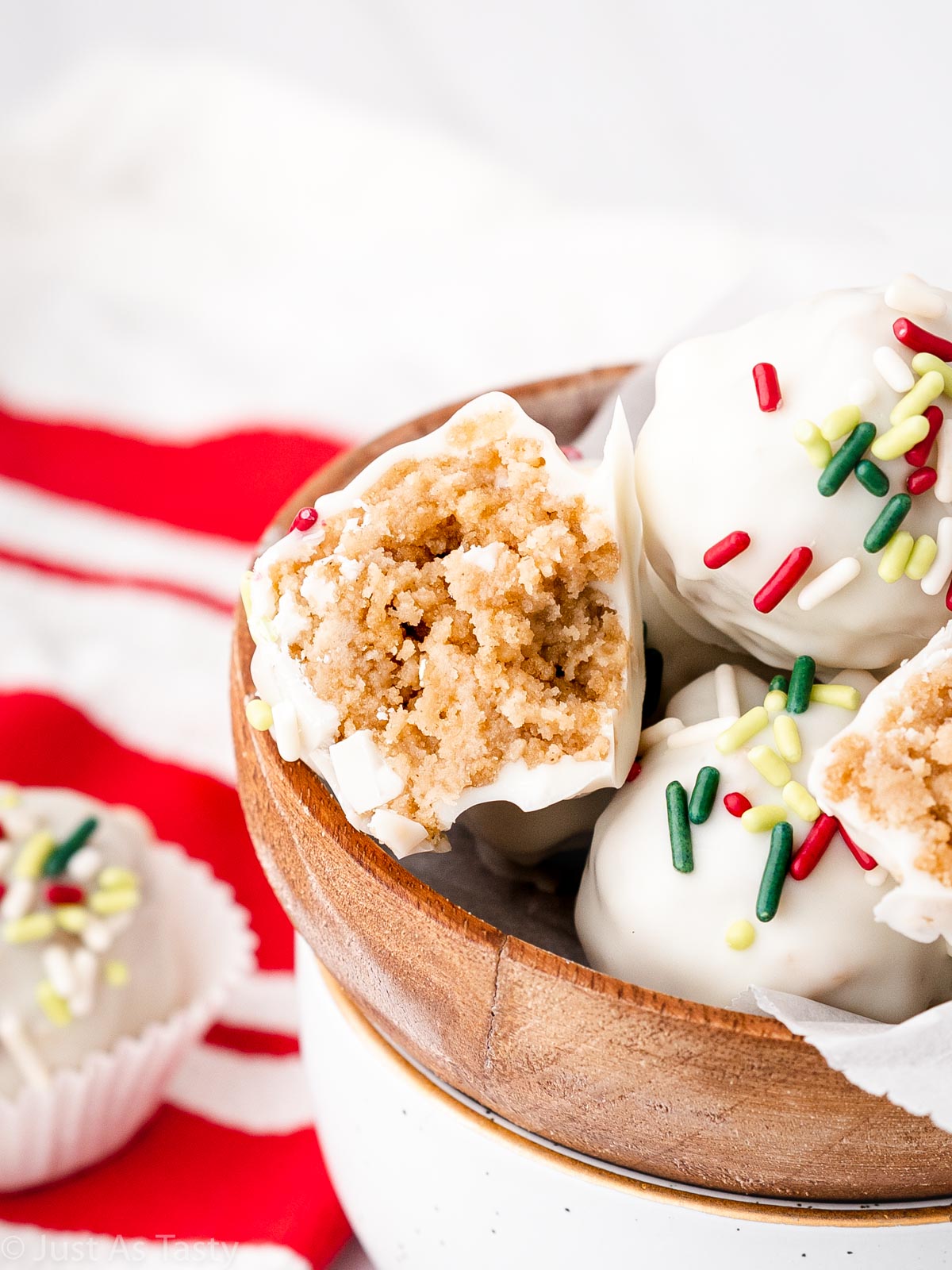 Close-up of a gingerbread truffle cut in half.